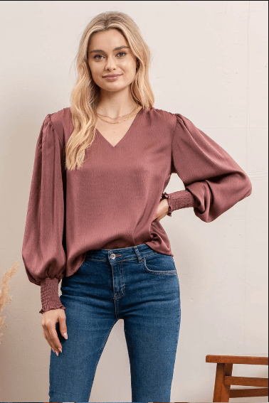 satin v-neck long sleeve blouse - RK Collections Boutique