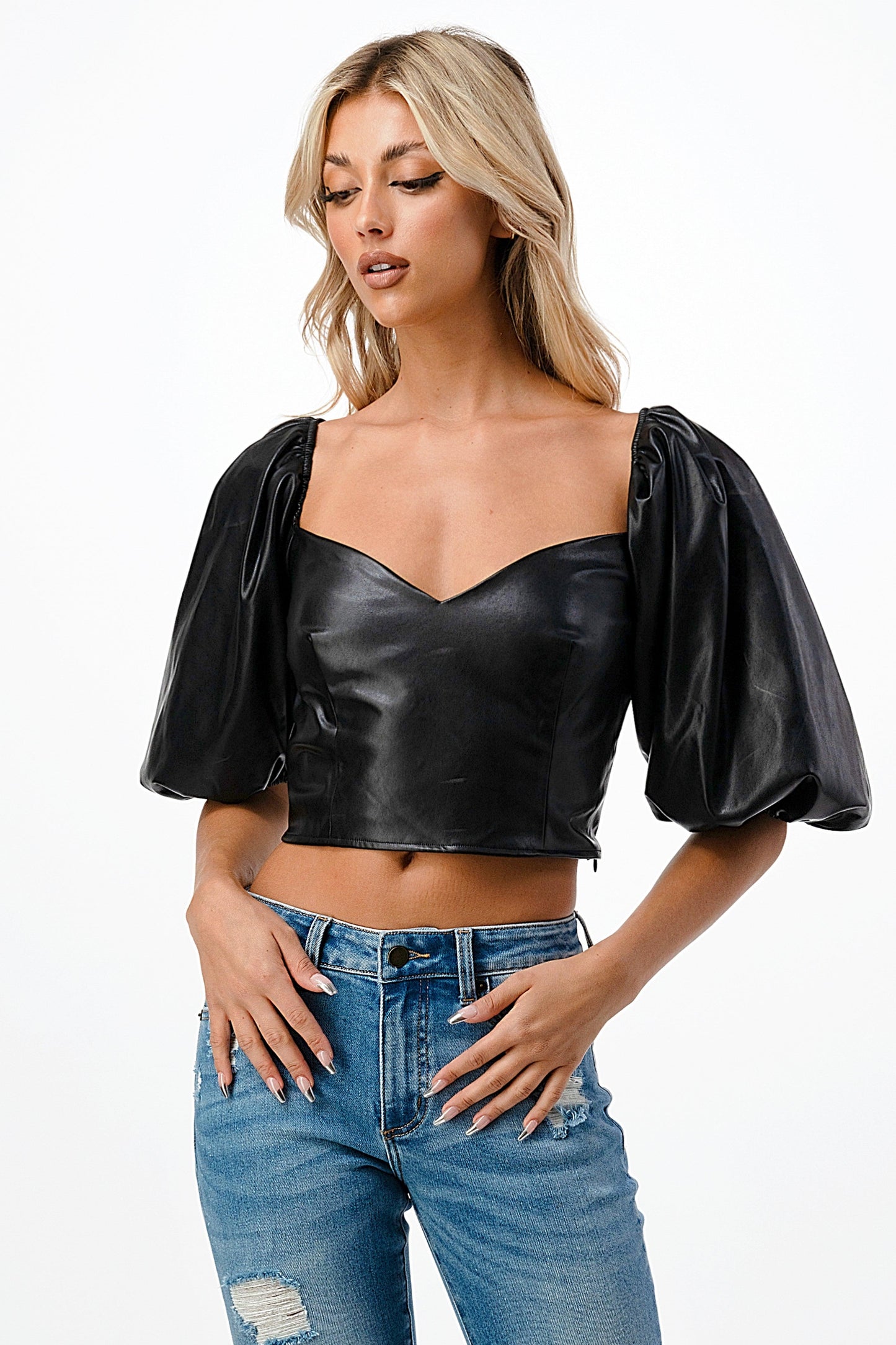 faux leather puff short sleeve V-neck crop top