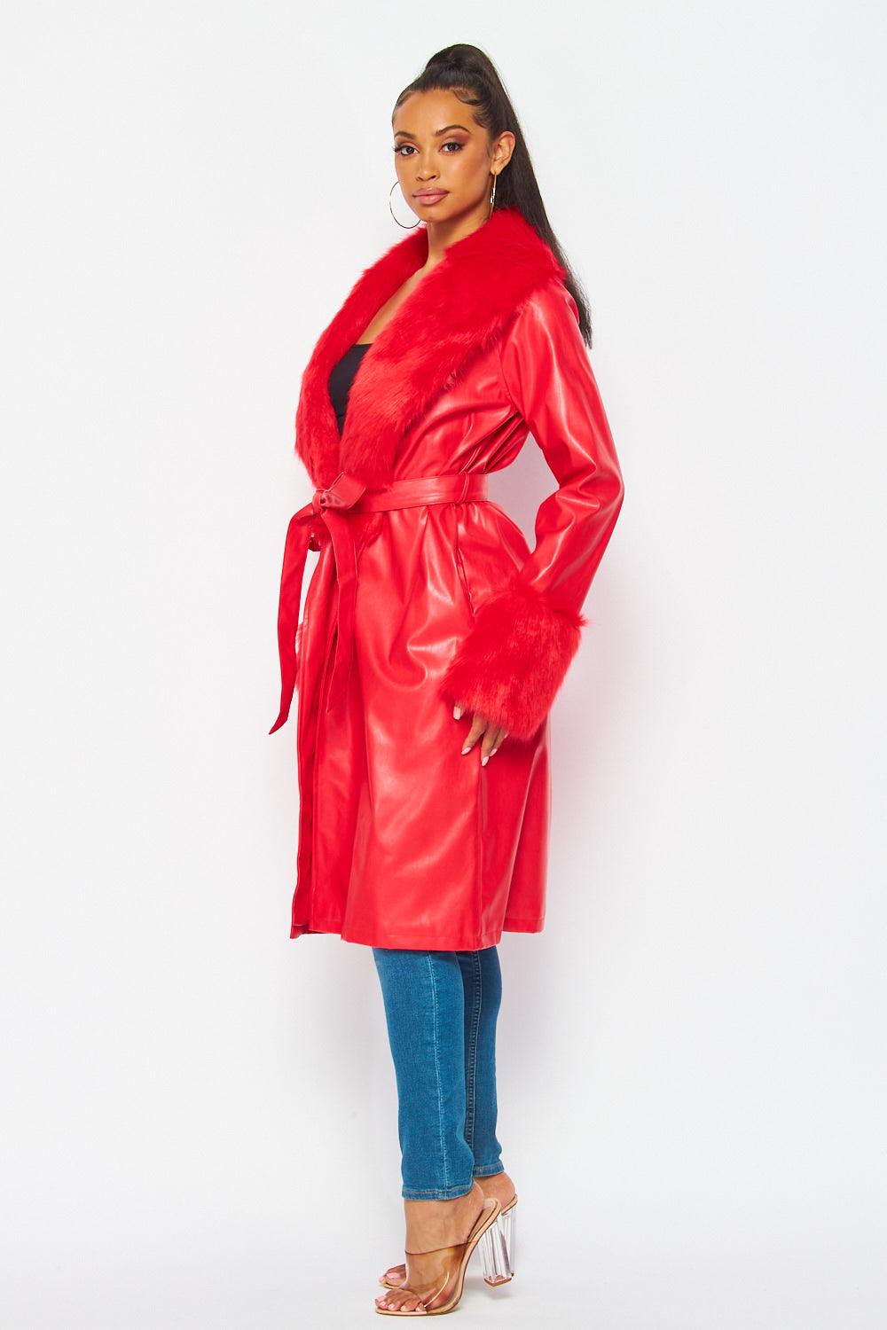faux leather trench coat w/fur trim - RK Collections Boutique