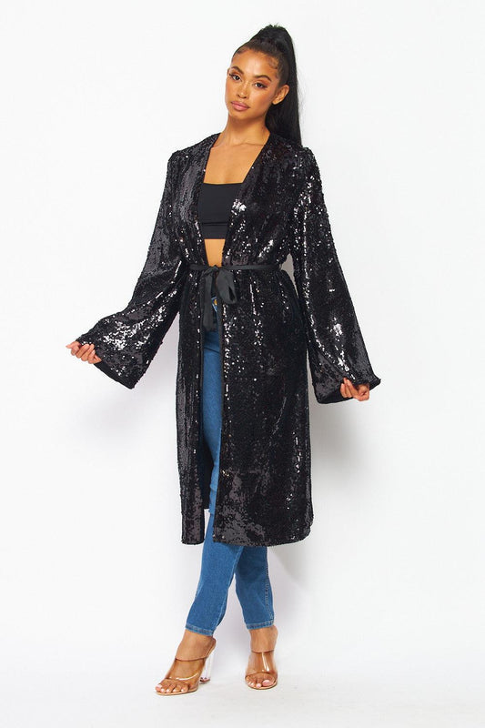 sequin belted trench coat