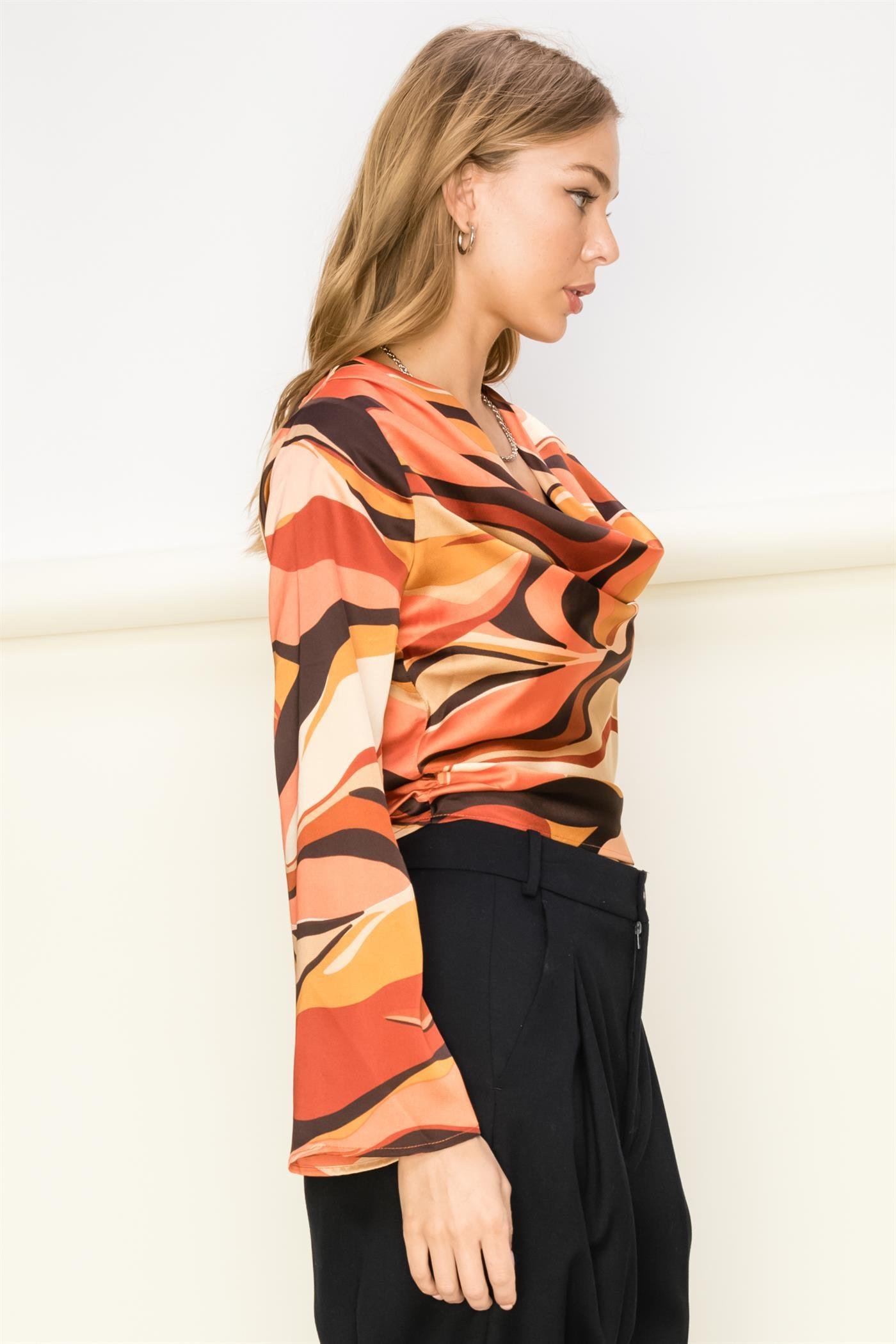 abstract print satin cowl neck long sleeve top - RK Collections Boutique
