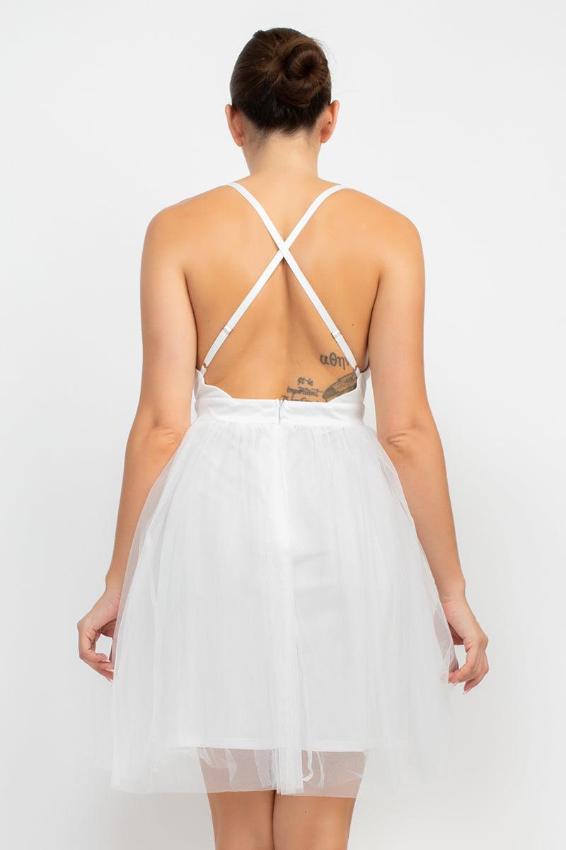 sleeveless v-neck mesh overlay dress