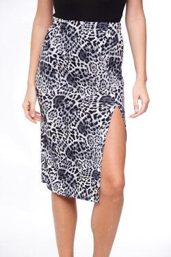leopard printed side slit midi skirt