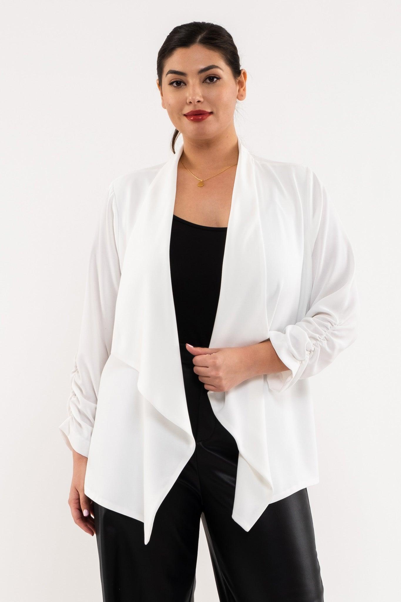 PLUS 3/4 ruched sleeve open front blazer