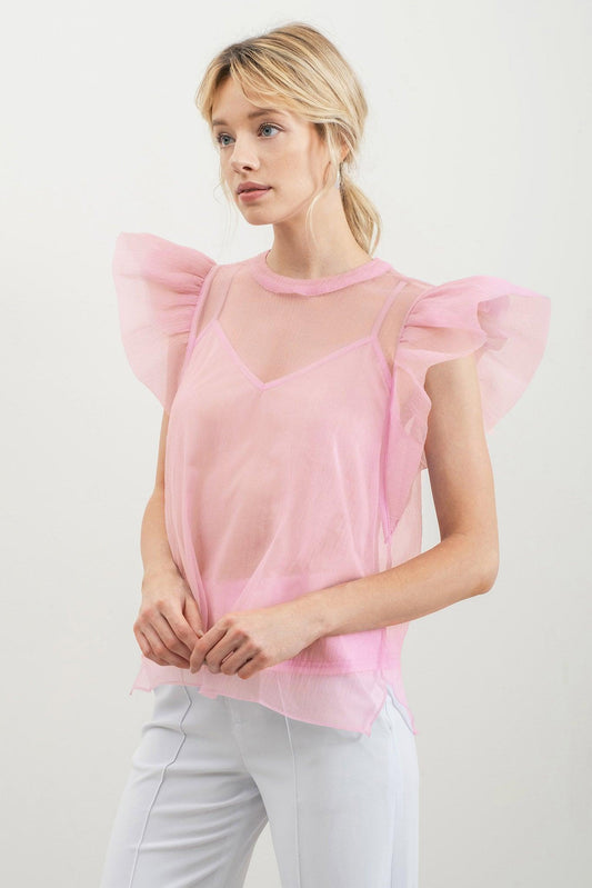 organza sleeveless ruffle shoulder blouse - RK Collections Boutique