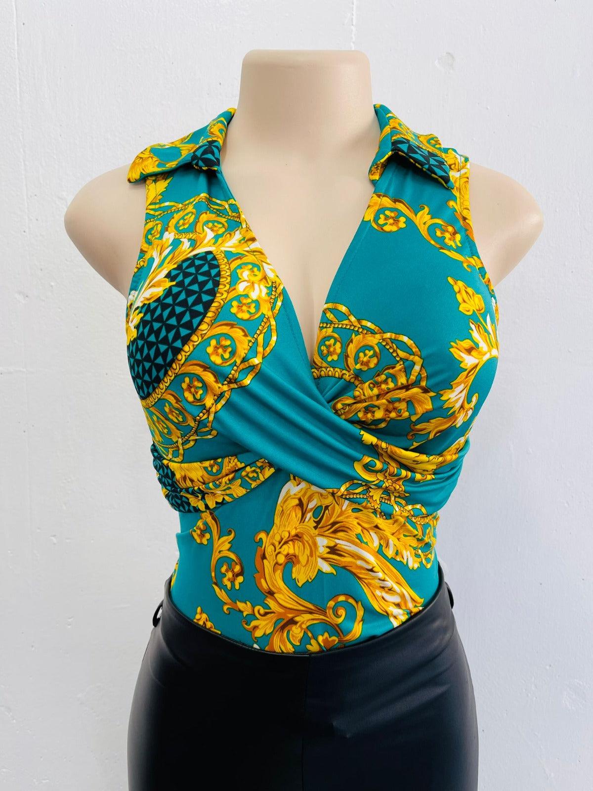 color block & baroque print sleeveless bodysuit - RK Collections Boutique