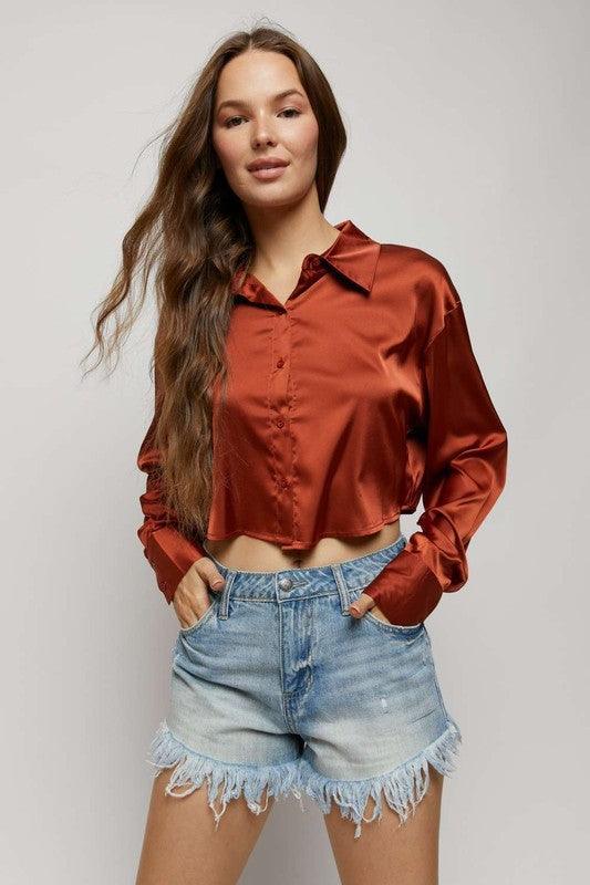 oversized long sleeve satin crop top - RK Collections Boutique