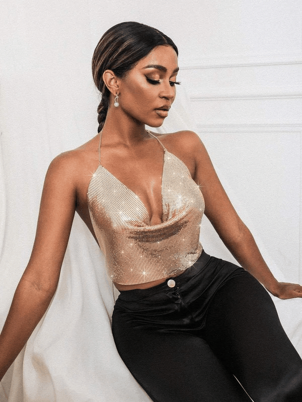 cowl neck backless metallic chain halter top - RK Collections Boutique