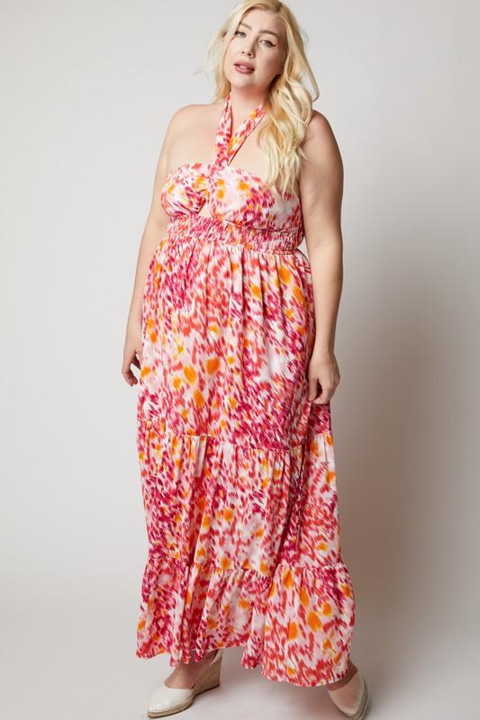 PLUS printed smocked ruffle maxi dress - RK Collections Boutique