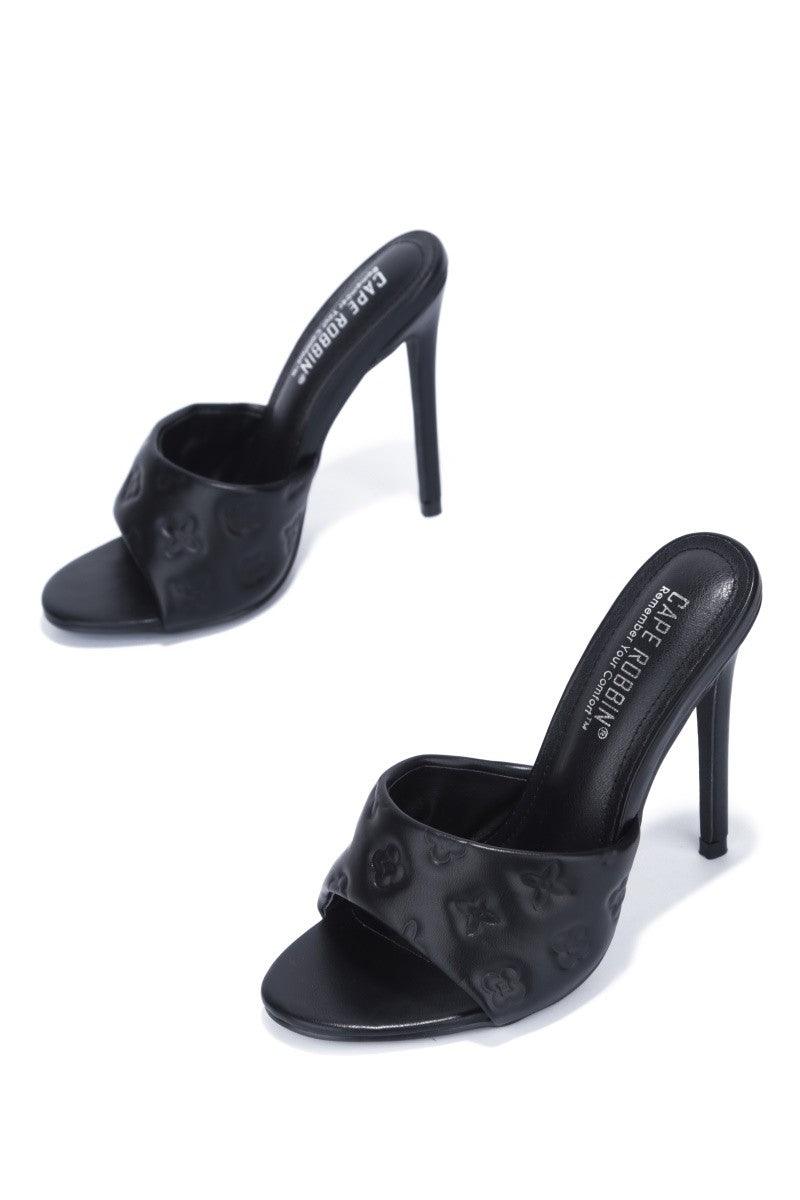 high heel slipper mule with imprinted stamped mate