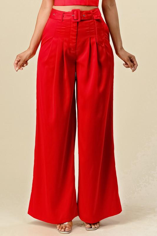 Satin Wide Legged High-Rise Belted Pant - RK Collections Boutique