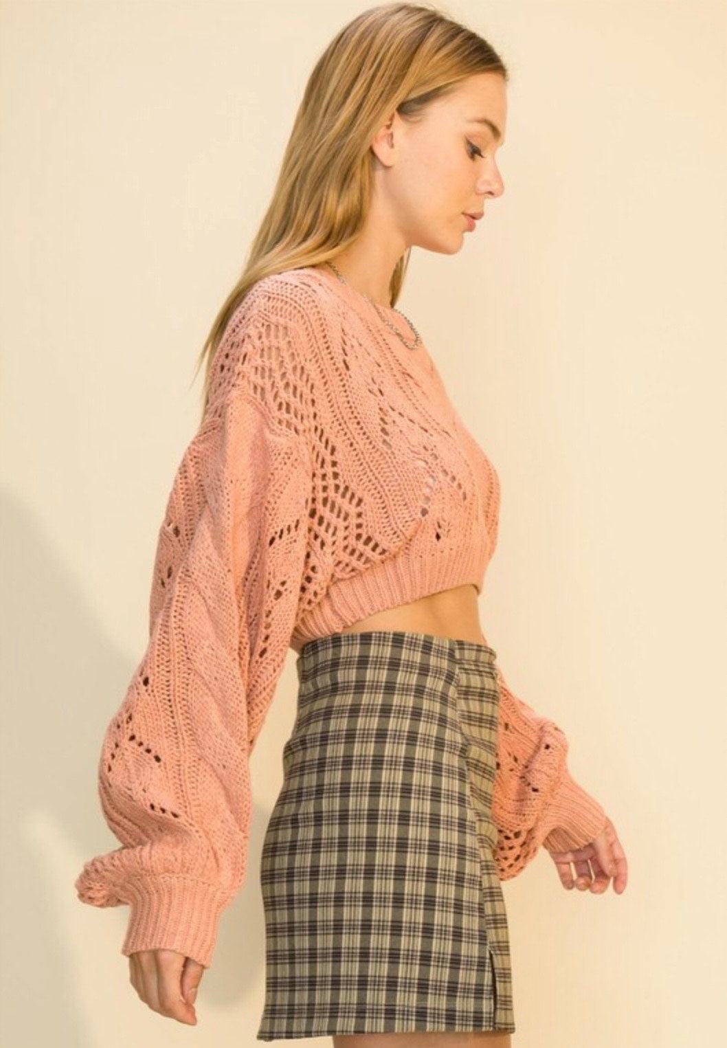 balloon sleeve cropped knit sweater - RK Collections Boutique