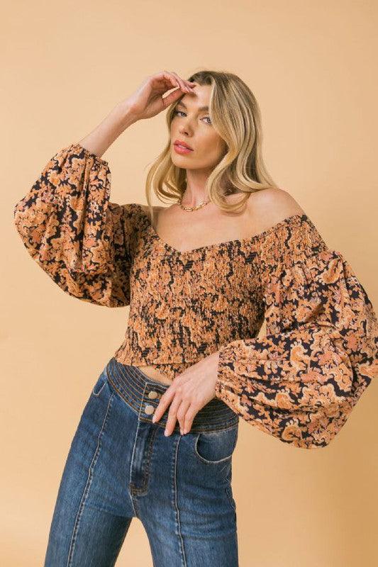 balloon sleeve off the shoulder printed top - alomfejto