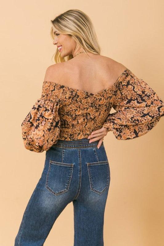 balloon sleeve off the shoulder printed top - RK Collections Boutique
