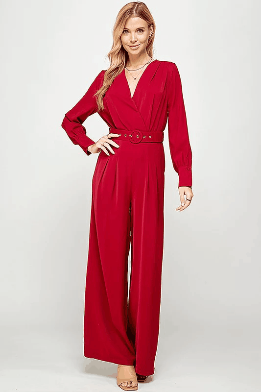 Long Sleeve Jumpsuit with Tucked Pleats Shoulder Detail