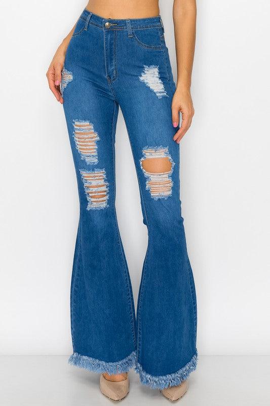 Bell bottom jean with holes and frayed hem BC010-Jeans-Lover Brand-Mid Wash-BC-010-1-RK Collections Boutique