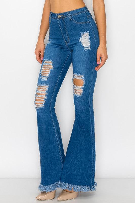 Bell bottom jean with holes and frayed hem BC010-Jeans-Lover Brand-RK Collections Boutique