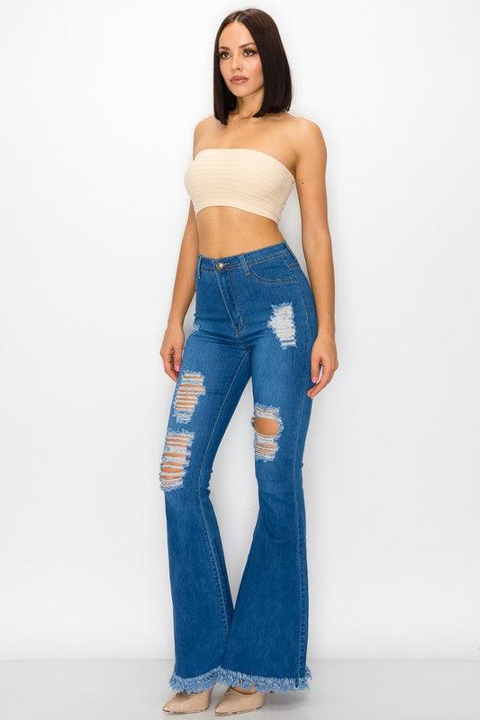 Bell bottom jean with holes and frayed hem BC010-Jeans-Lover Brand-RK Collections Boutique
