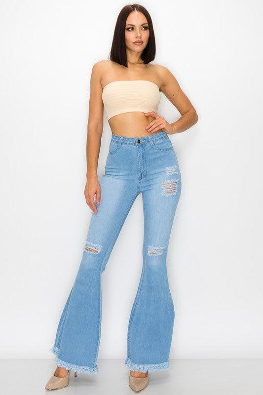 High waist stretch bell bottom jean with rips and fray BC011-Jeans-Lover Brand-alomfejto