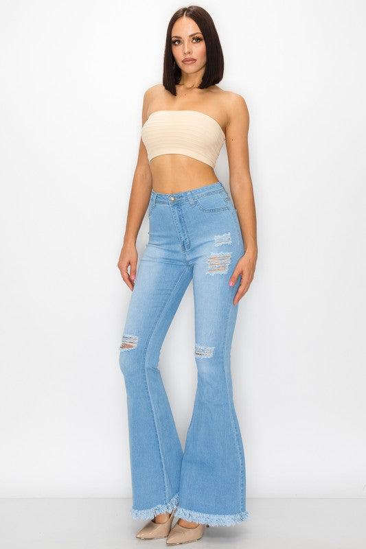 High waist stretch bell bottom jean with rips and fray BC011-Jeans-Lover Brand-RK Collections Boutique