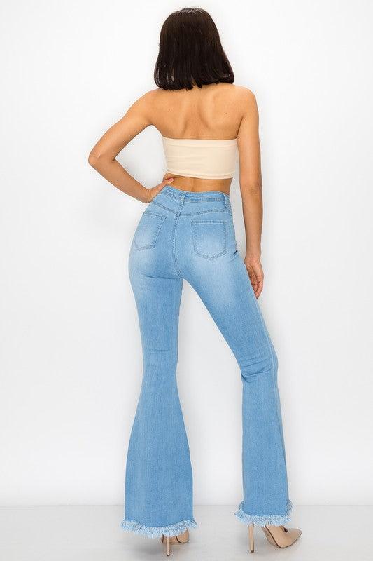 High waist stretch bell bottom jean with rips and fray BC011-Jeans-Lover Brand-tarpiniangroup