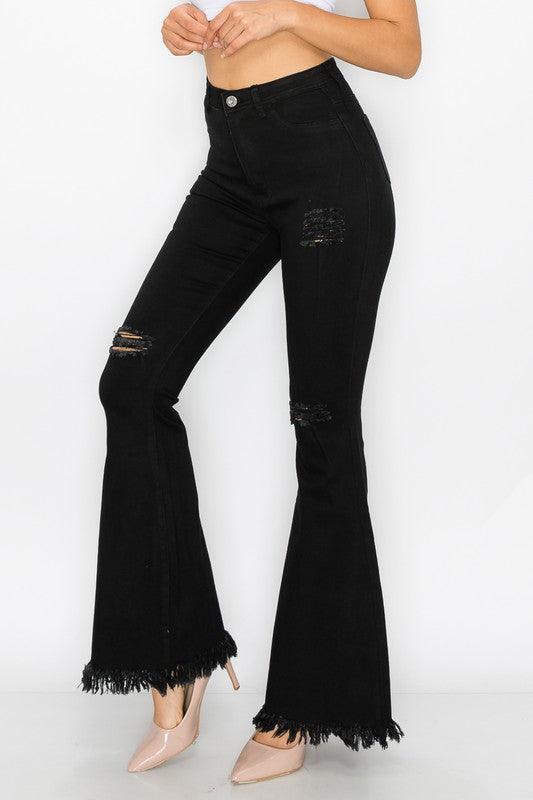 ripped knees high waist stretch bell bottom jeans BC012-Jeans-Lover Brand-RK Collections Boutique