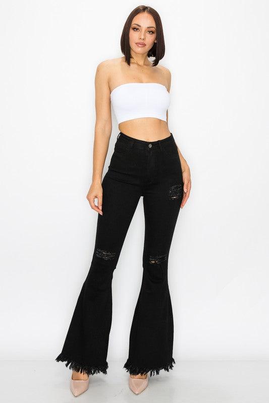 ripped knees high waist stretch bell bottom jeans BC012-Jeans-Lover Brand-RK Collections Boutique