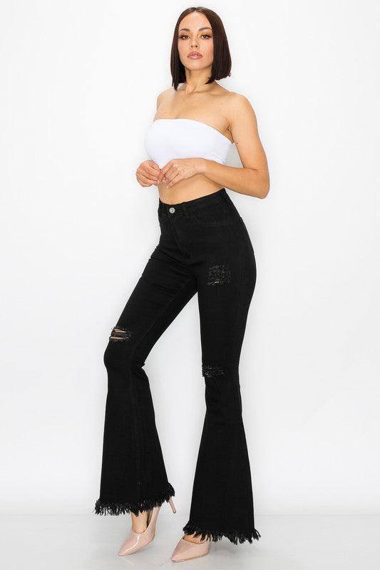 ripped knees high waist stretch bell bottom jeans BC012-Jeans-Lover Brand-alomfejto