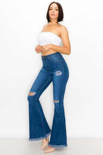 ripped knees high waist stretch bell bottom jeans BC-013-Jeans-Lover Brand-RK Collections Boutique