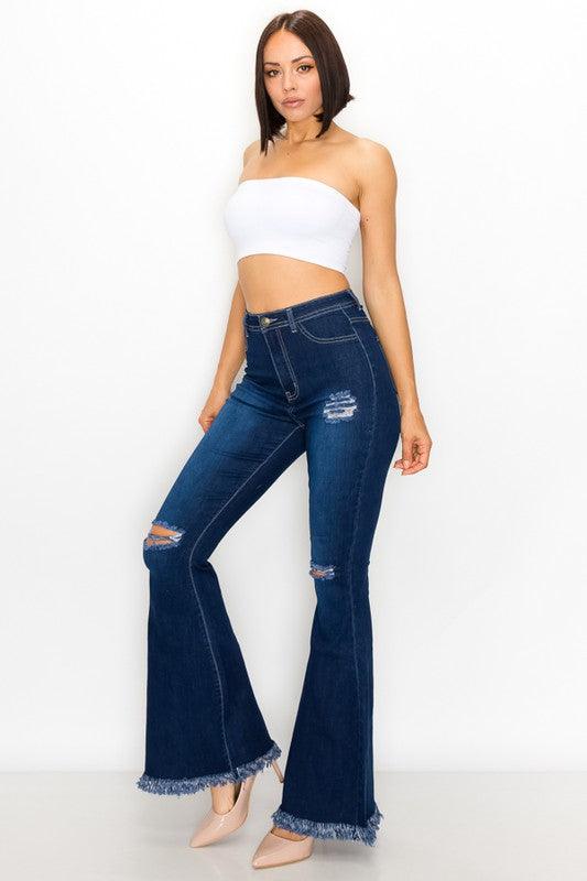 ripped knees high waist stretch bell bottom jeans BC-014-Jeans-Lover Brand-alomfejto