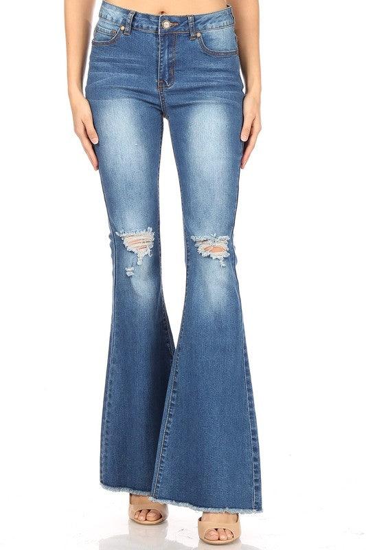 Bell Bottom Jeans with fray hem-Jeans-Kreamy MYC-Mid Wash-P92224-1-RK Collections Boutique