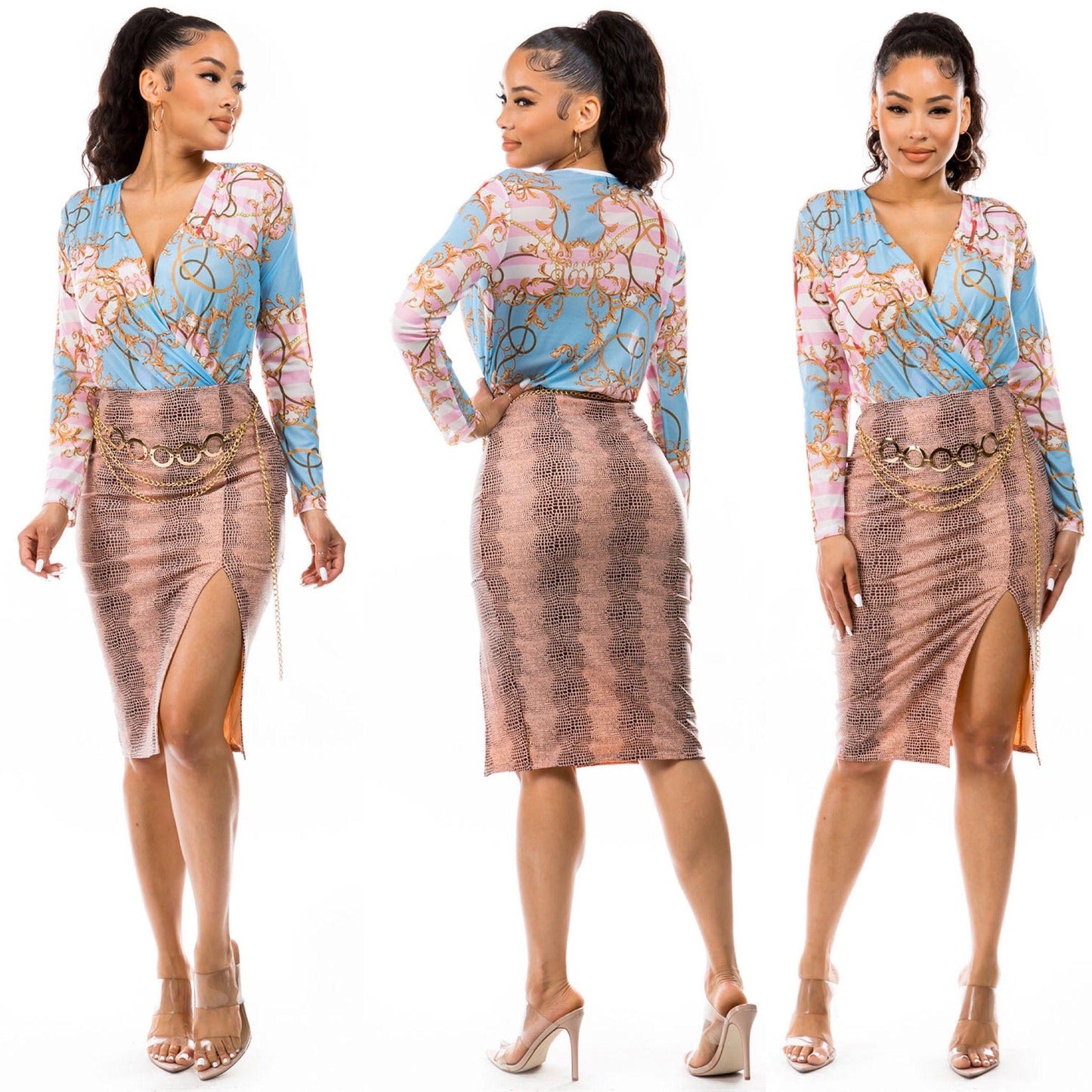 belted snakeskin midi skirt-Skirts-DAY G-Peach-DS12914B-1-RK Collections Boutique