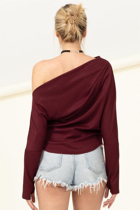 off one shoulder ribbed long sleeve top