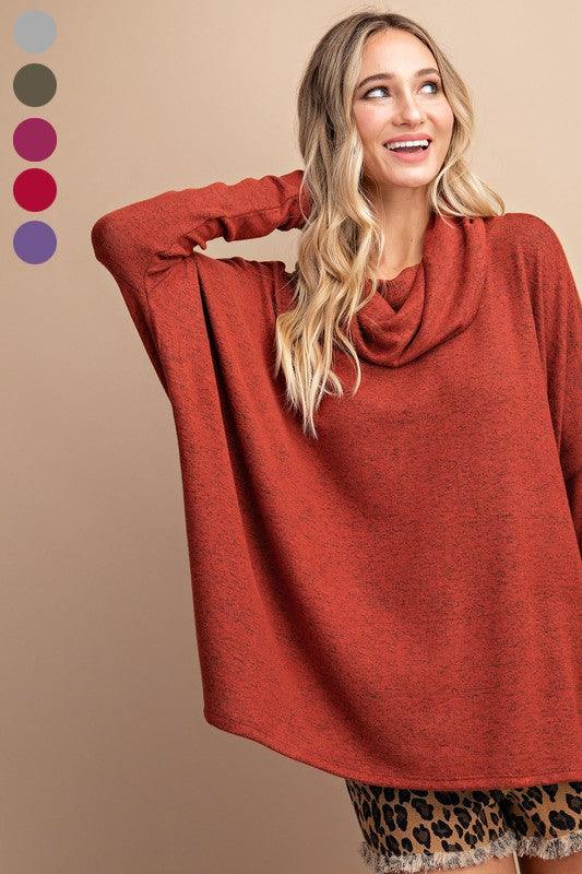 Brushed cowl neck long sleeve top-Tops-Long Sleeve-eesome-Brick-TG53128-1-RK Collections Boutique