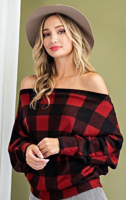 buffalo plaid off the shoulder dolman knit top-Tops-Long Sleeve-eesome-Red-TG53998-1-RK Collections Boutique