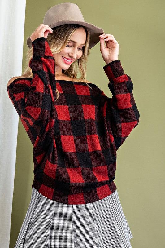 buffalo plaid off the shoulder dolman knit top-Tops-Long Sleeve-eesome-RK Collections Boutique