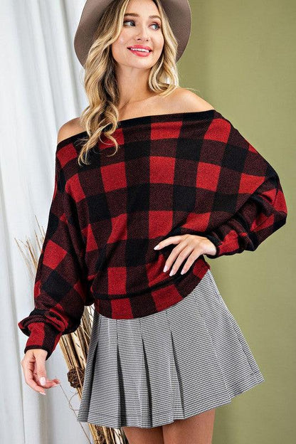 buffalo plaid off the shoulder dolman knit top-Tops-Long Sleeve-eesome-RK Collections Boutique