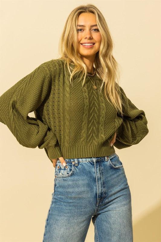 cable knit balloon sleeve crop sweater-Tops-Sweater-Double Zero-Olive-DZ21G480-7-RK Collections Boutique