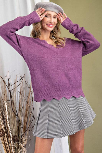 chenille scalloped v-neck sweater-Tops-Sweater-eesome-RK Collections Boutique