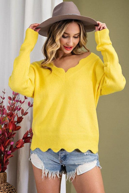 chenille scalloped v-neck sweater-Tops-Sweater-eesome-Banana-SK2077-1-RK Collections Boutique