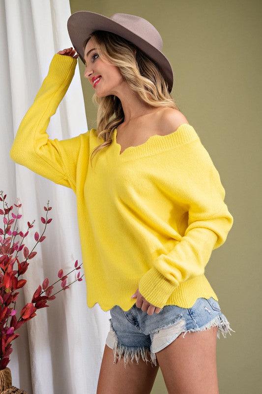 chenille scalloped v-neck sweater-Tops-Sweater-eesome-RK Collections Boutique