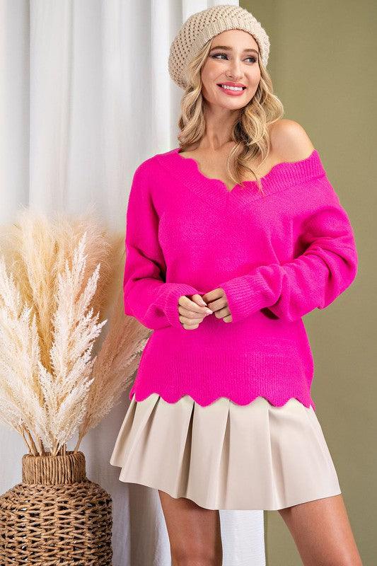chenille scalloped v-neck sweater-Tops-Sweater-eesome-Hot Pink-SK2077-3-RK Collections Boutique