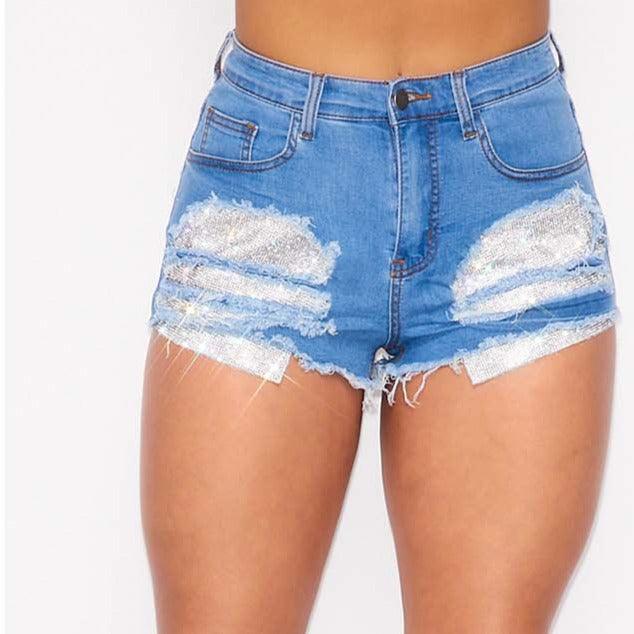 cut off jean shorts with rhinestone patch-Shorts-Hot & Delicious-Mid Wash-HDP27134ME-1-tikolighting