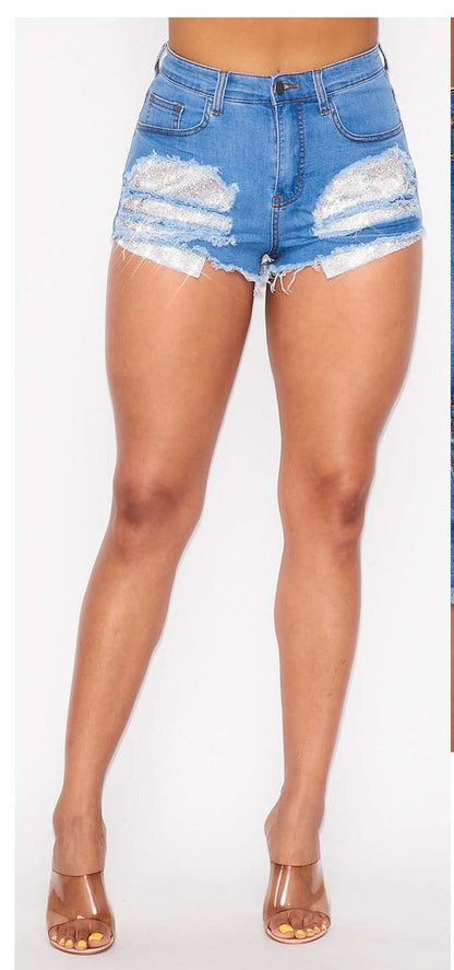 cut off jean shorts with rhinestone patch-Shorts-Hot & Delicious-alomfejto