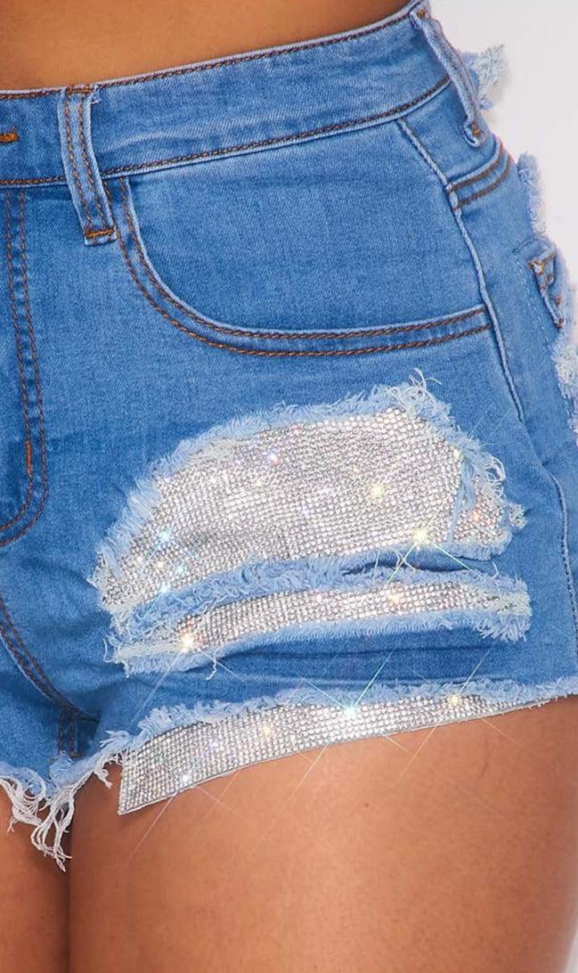 cut off jean shorts with rhinestone patch-Shorts-Hot & Delicious-tikolighting