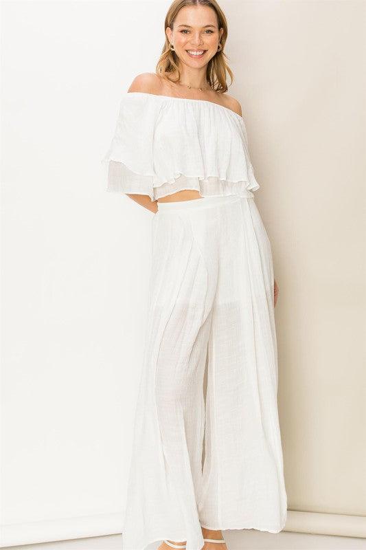 ruffled off the shoulder crop top pants set - RK Collections Boutique