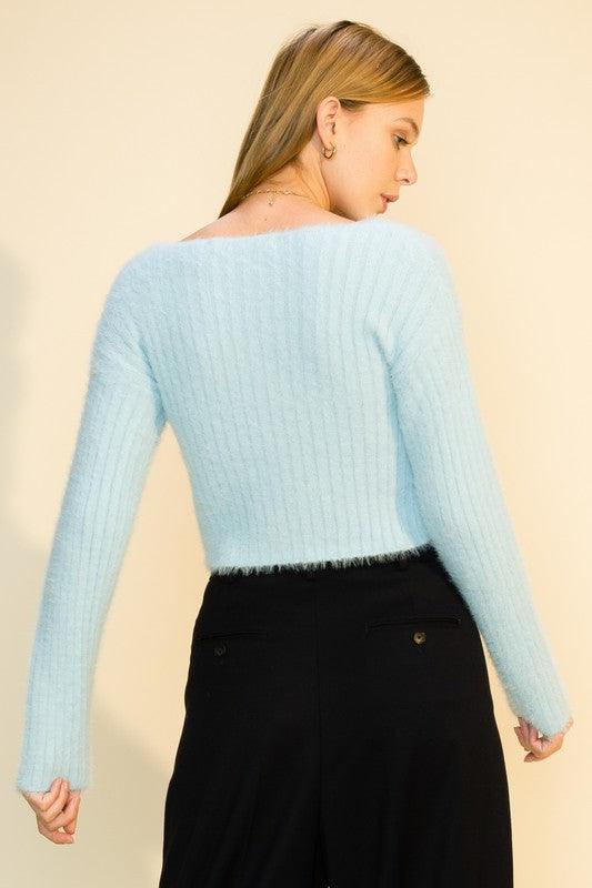 long sleeve boat neck ribbed cropped sweater