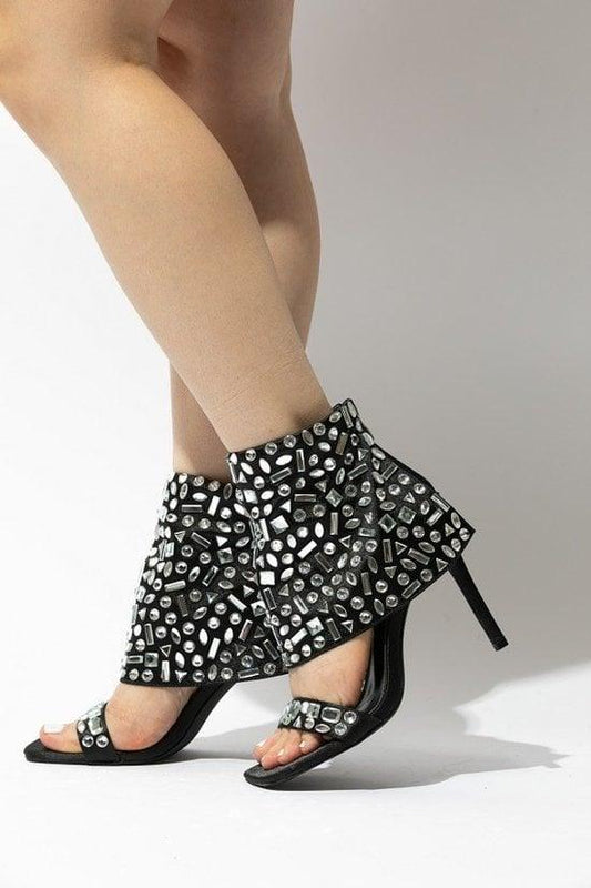 clear studded ankle wrap heels