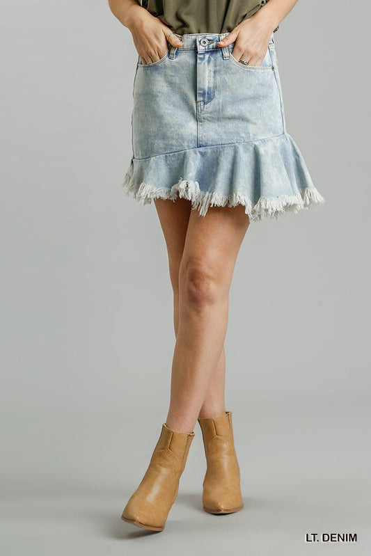 Denim Skirt with asymmetrical frayed hem-Skirts-Umgee-Light Wash-J4106-1-RK Collections Boutique