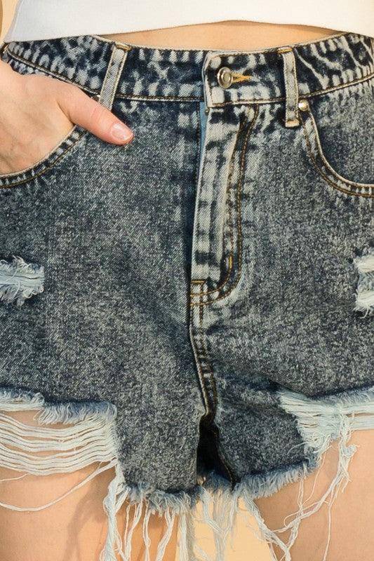 distressed frayed high waist jean shorts-Shorts-HyFve-tarpiniangroup